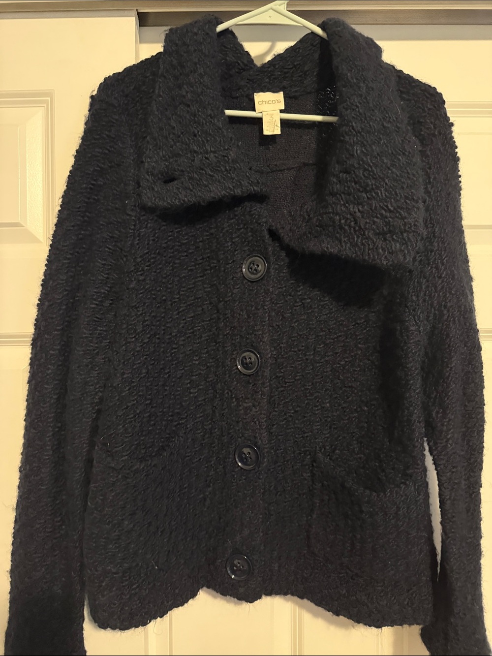 Chico's Blue Textured Button-Front Shawl Collar Cardigan